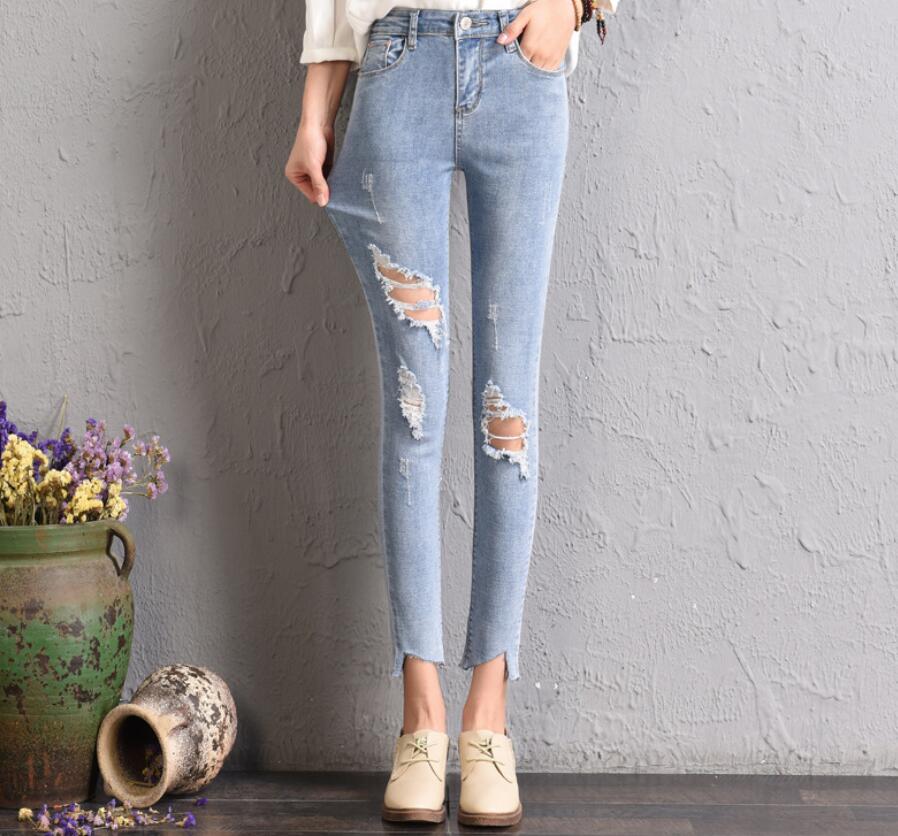 SZ60161 Women Ripped Jeans Bodycon Denim Destroyed Frayed Hole Casual Pants